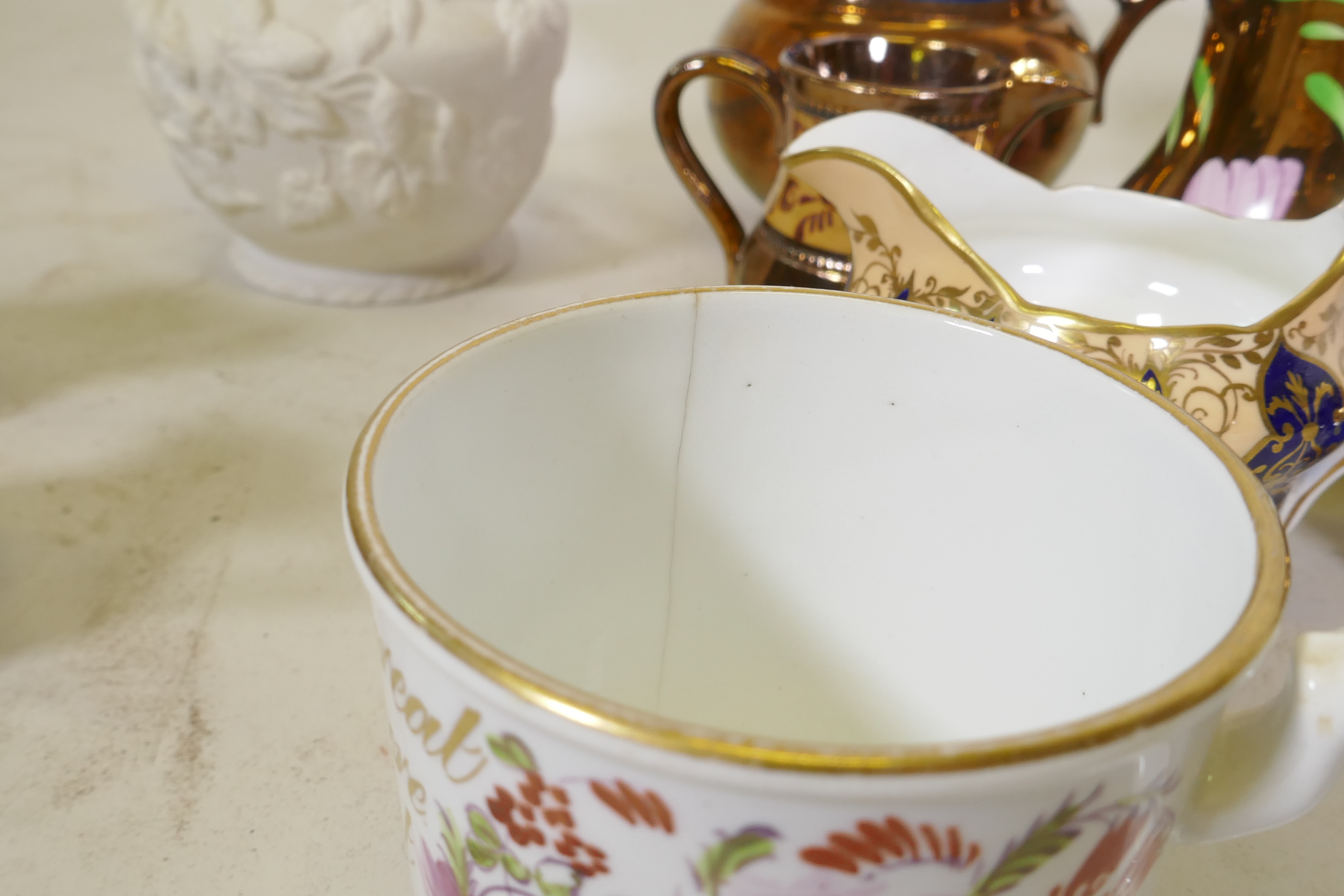 A C19th creamware mug, with hand painted floral decoration and inscription in gilt, 9cm high, and - Image 5 of 10