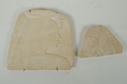 An Egyptian carved reconstituted stone plaque depicting a bust of Cleopatra, and another smaller,