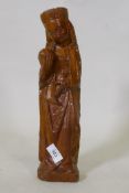 Antique salt glazed stoneware figure of a woman bearing an orb, possibly the Madonna, 36cm high
