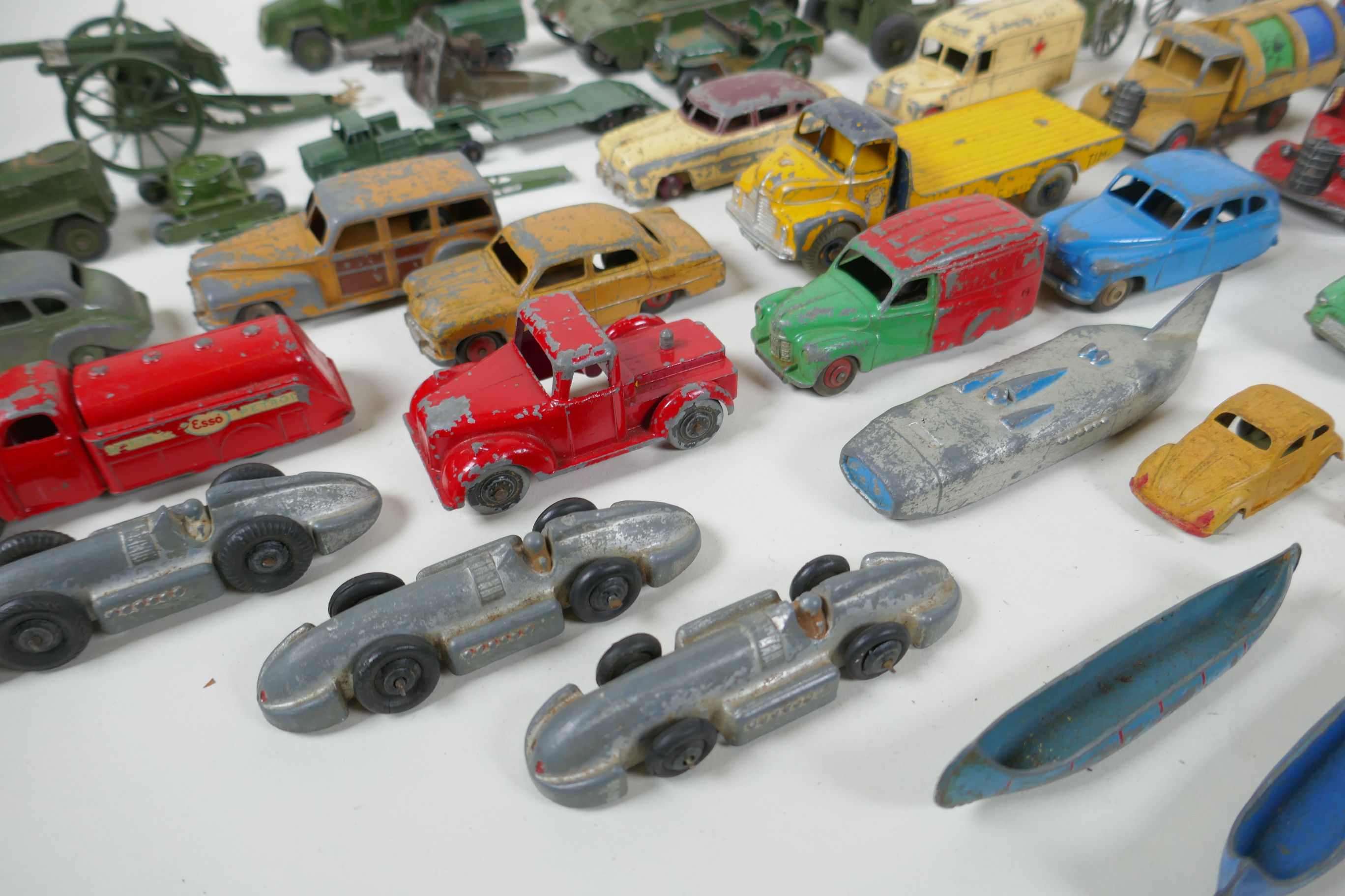 A collection of vintage die cast metal cars, trucks, military vehicles and farming vehicles, - Image 2 of 9