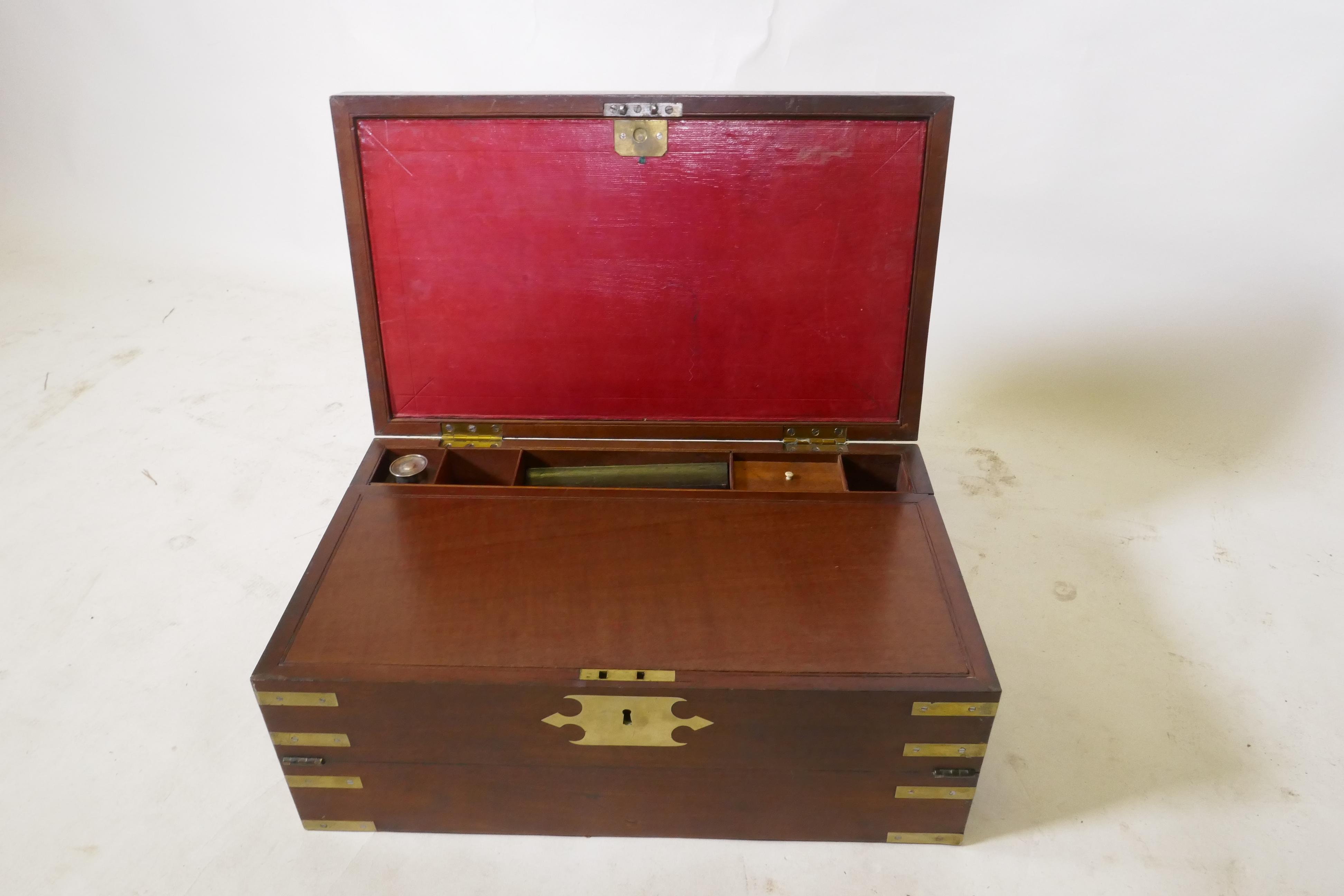 A C19th mahogany campaign writing slope with brass mounts and military style carrying handles, the - Image 3 of 8