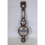 C19th mahogany banjo barometer with silvered dials, inscribed Ruff Exeter, 95cm long