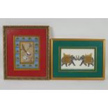 An Indian miniature painting of two peacocks, and another of two elephants, 15 x 20cm
