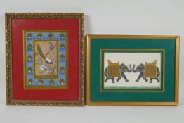 An Indian miniature painting of two peacocks, and another of two elephants, 15 x 20cm