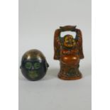 A Sino Tibetan bronze figure of a jolly Buddha, and a bronze four faced Buddha head, largest 9cm