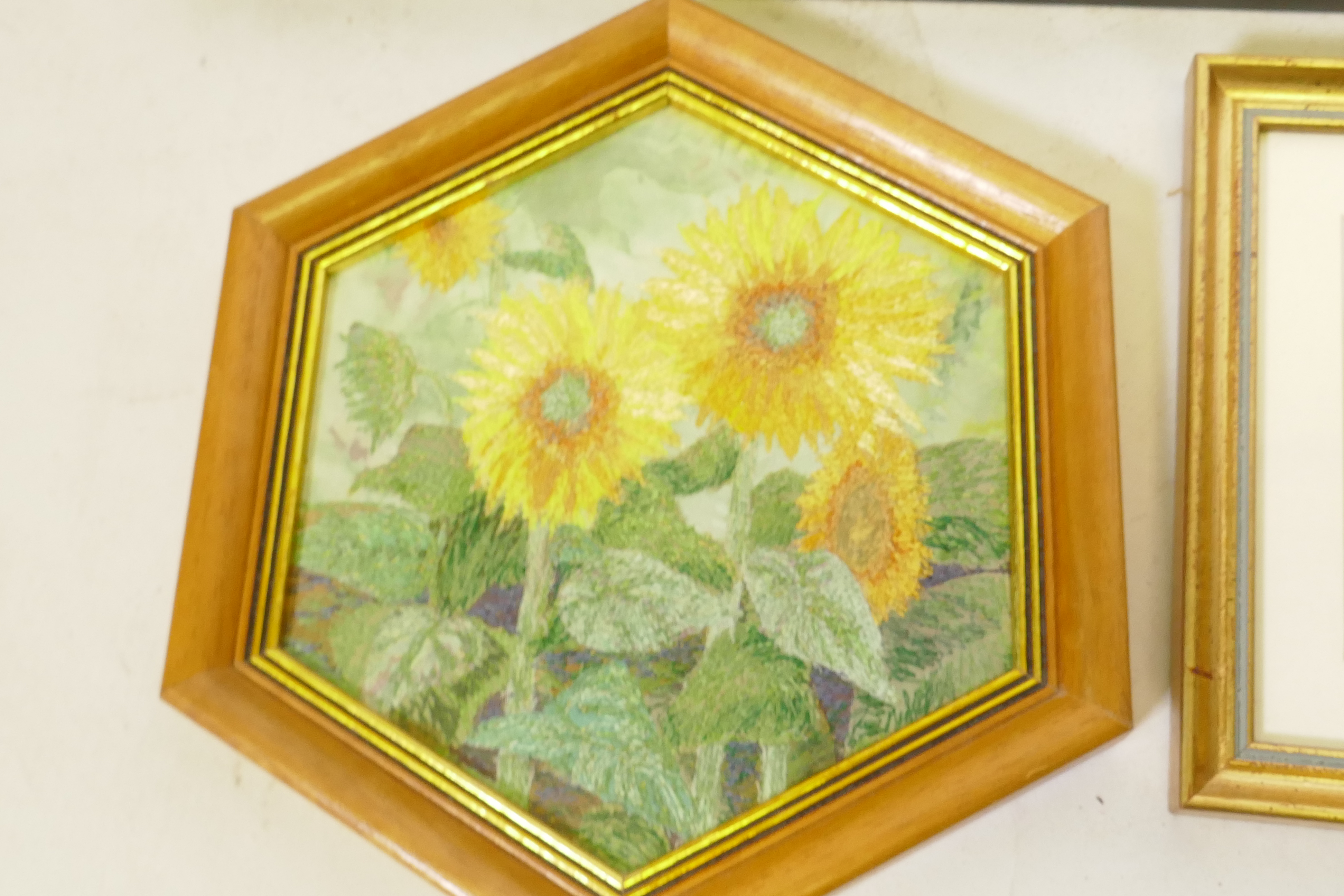 An antique sampler, 20 x 18cm, and contemporary embroideries, Barbara Walters 'Sunflowers', Rita - Image 5 of 9