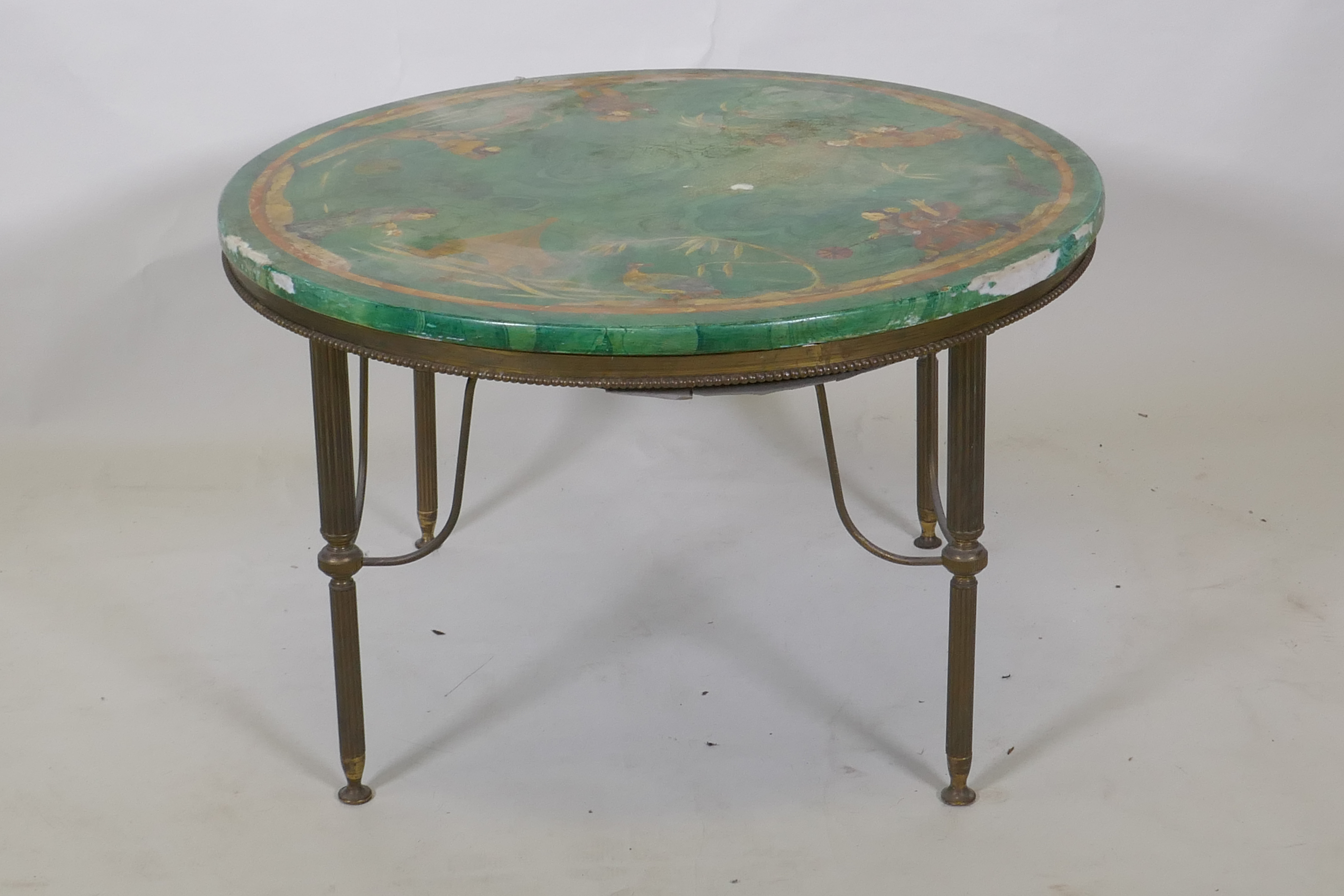 A marble top occasional table, raised on a brass base, the top with faux malachite and chinoiserie