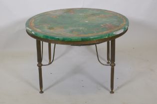 A marble top occasional table, raised on a brass base, the top with faux malachite and chinoiserie