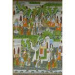 An Indian painting on silk depicting a procession with elephants and flying carpets, 47 x 67cm