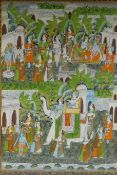 An Indian painting on silk depicting a procession with elephants and flying carpets, 47 x 67cm