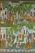 An Indian painting on silk depicting a procession with elephants and flying carpets, 47 x 67cm