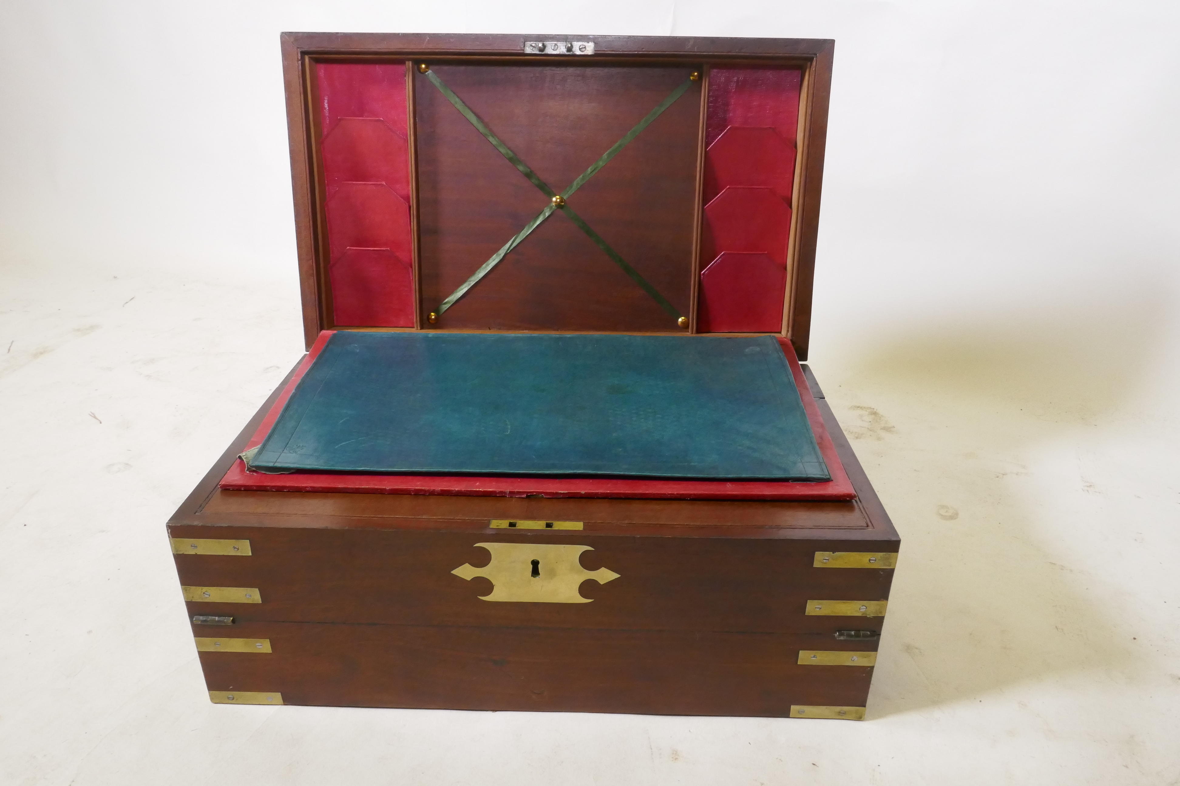 A C19th mahogany campaign writing slope with brass mounts and military style carrying handles, the - Image 2 of 8