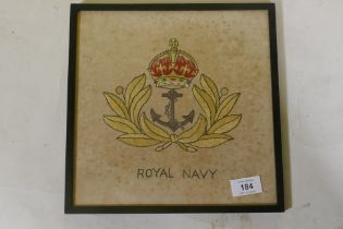 A gilt thread embroidery 'Royal Navy', early C20th, 28 x 28cm