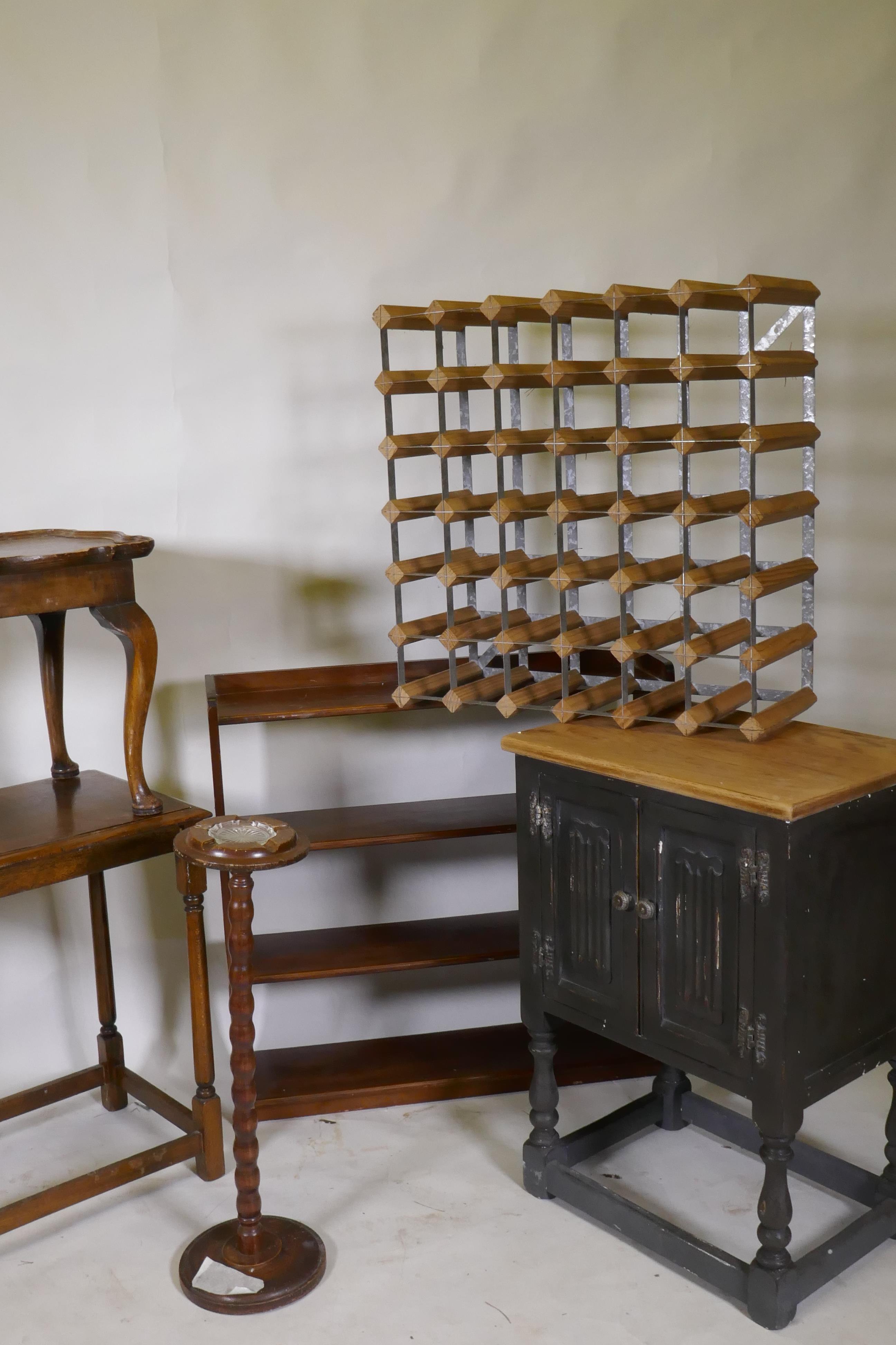 An oak cupboard with linen fold decoration, 50 x 36 x 70cm, a wine rack, side table and open - Image 2 of 3