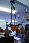 An early C20th French Muller Freres Luneville painted wrought iron and glass chandelier, 1 shade