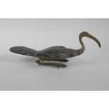 An oriental carved soapstone Ibis, with metal legs, 27cm long, AF