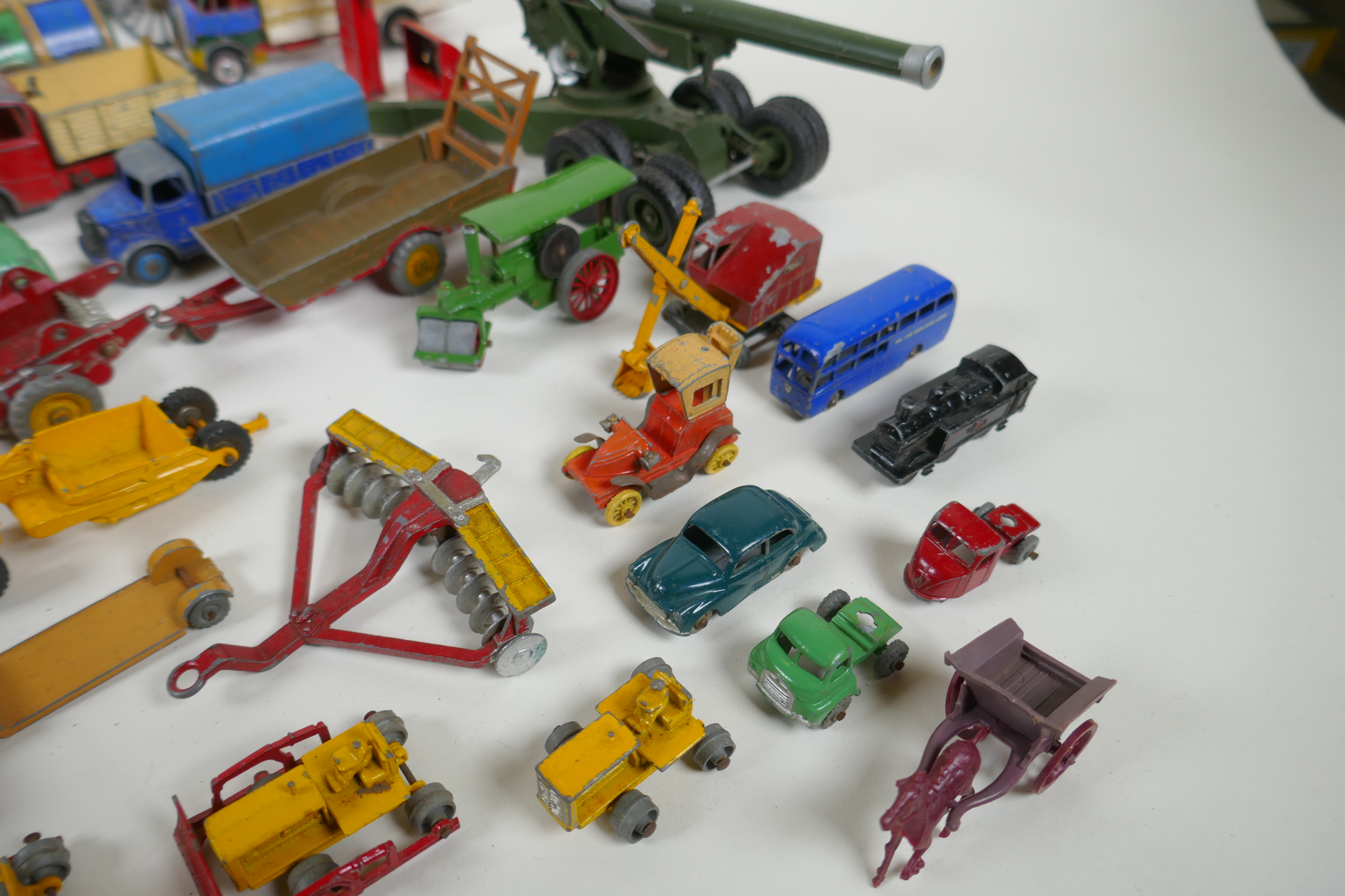 A collection of vintage die cast metal cars, trucks, military vehicles and farming vehicles, - Image 7 of 9