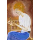 Gerald Moore, seated figure holding a locket, signed with a monogram and dated 1976, oil on board,