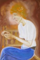 Gerald Moore, seated figure holding a locket, signed with a monogram and dated 1976, oil on board,