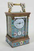 A brass and cloisonne repeater mantel clock, the enamel dials with Roman and Arabic numerals, 18cm