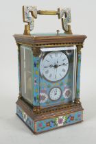 A brass and cloisonne repeater mantel clock, the enamel dials with Roman and Arabic numerals, 18cm