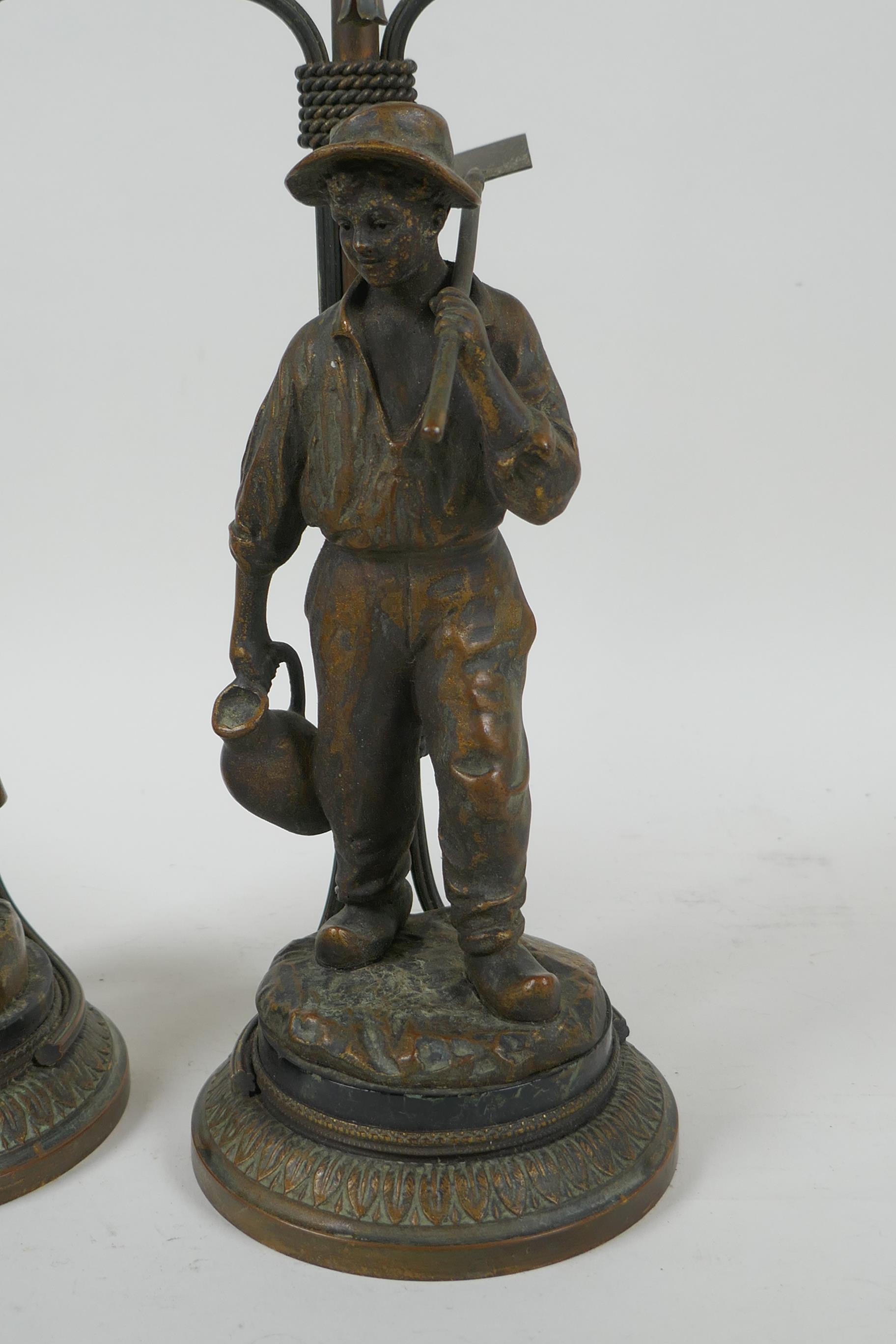 A pair of Dutch gilt bronze figural table lamps of farm workers, after Joseph D'Aste, (1881-1945), - Image 3 of 5