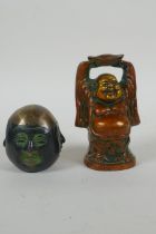 A Sino Tibetan bronze figure of a jolly Buddha, and a bronze four faced Buddha head, largest 9cm