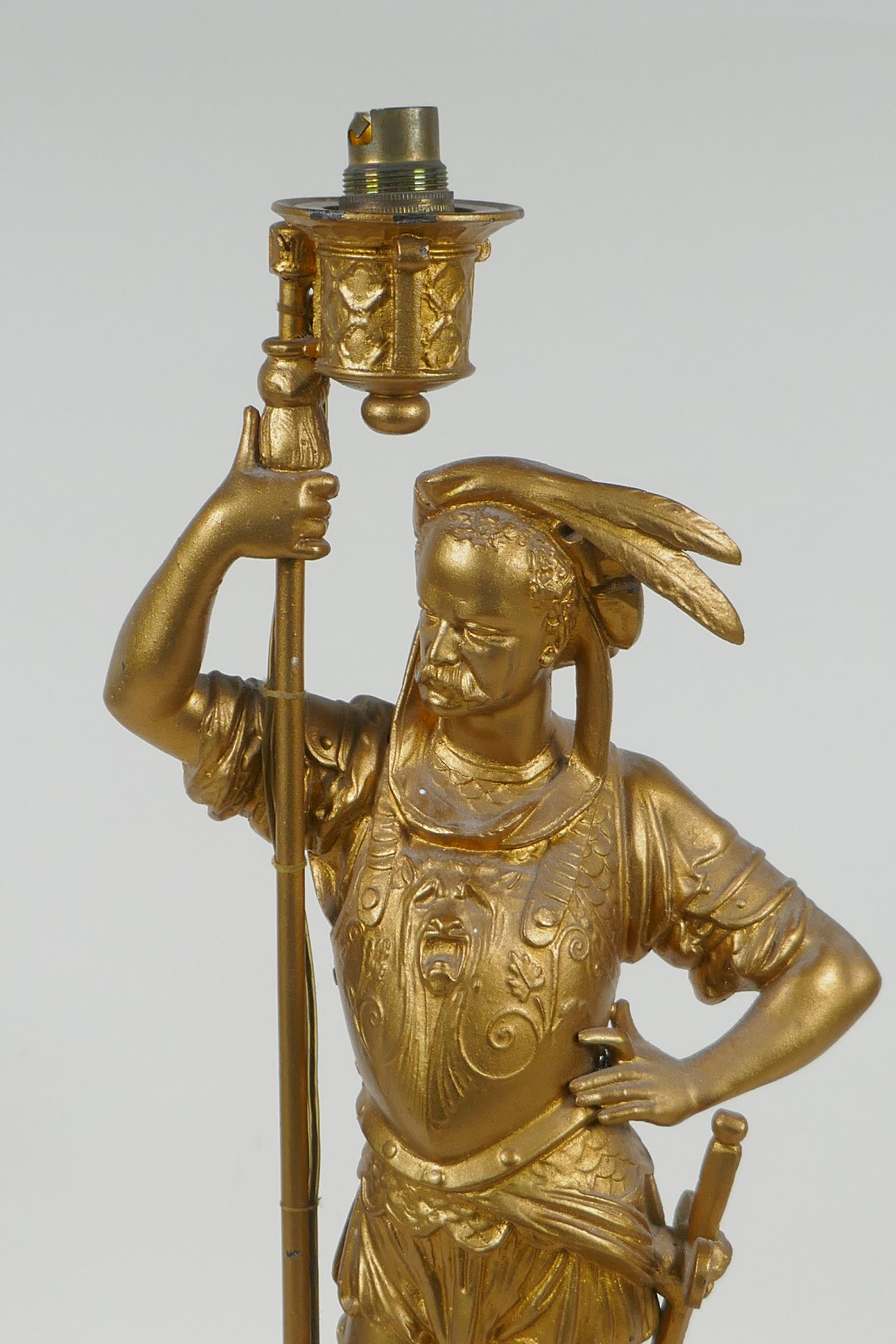 A gilt metal table lamp in the form of a cavalier, 44cm high - Image 2 of 3