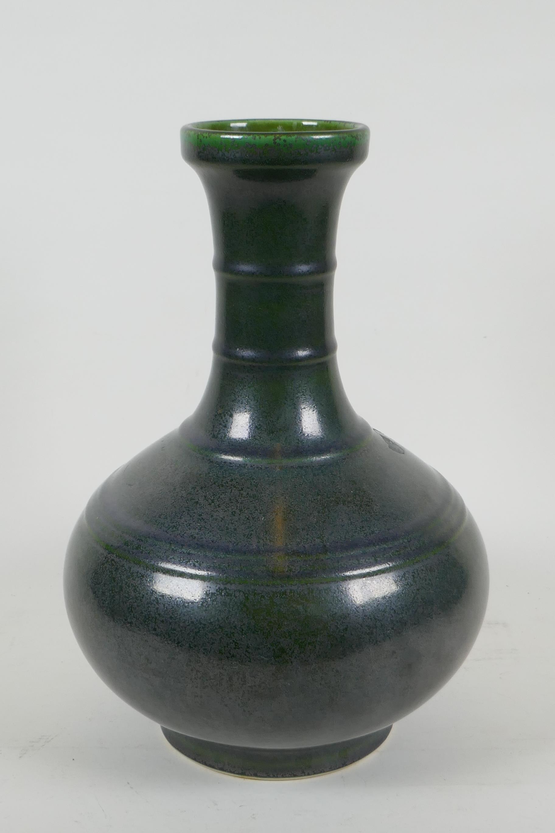 A tea dust glazed porcelain vase with ribbed neck,  Chinese KangXi 6 character mark to base, 33cm - Image 2 of 5