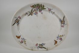 A large Victorian meat dish with transfer printed decoration of birds amongst flower and ferns,