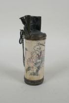 A Chinese metal mounted bone water pipe, with figural decoration to side, 11cm high