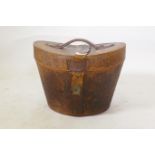 A C19th leather hat box with red silk lining, 26cm high