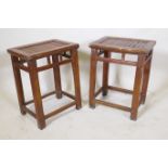 A pair of Chinese wood stools with bamboo seats, 27 x 38cm, 50cm high