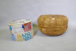A North African leather patchwork pouffe, 60cm diameter x 35cm high, and another with Indian