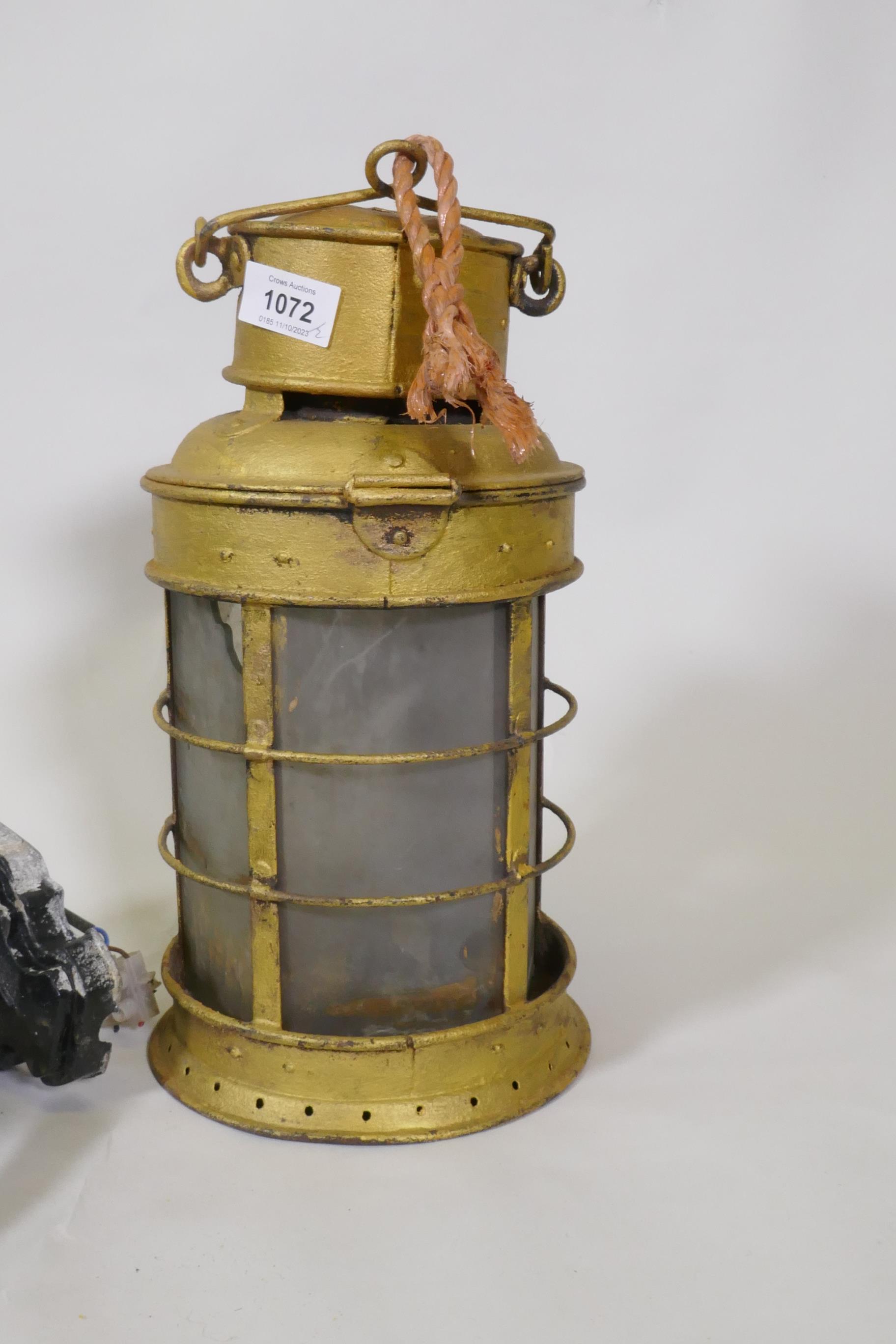 A vintage metal lantern and a wall lantern, 36cm high - Image 3 of 3
