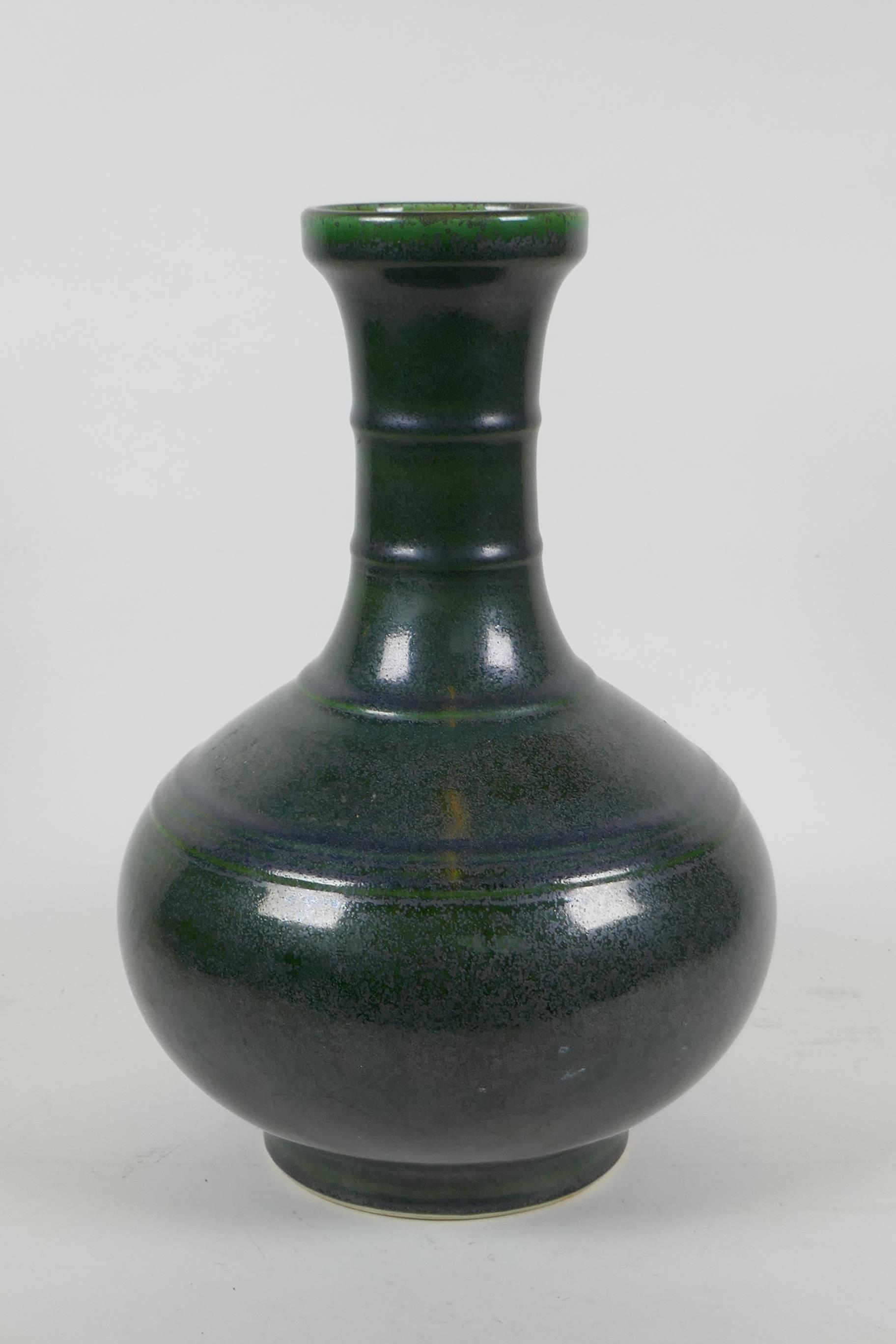 A tea dust glazed porcelain vase with ribbed neck,  Chinese KangXi 6 character mark to base, 33cm