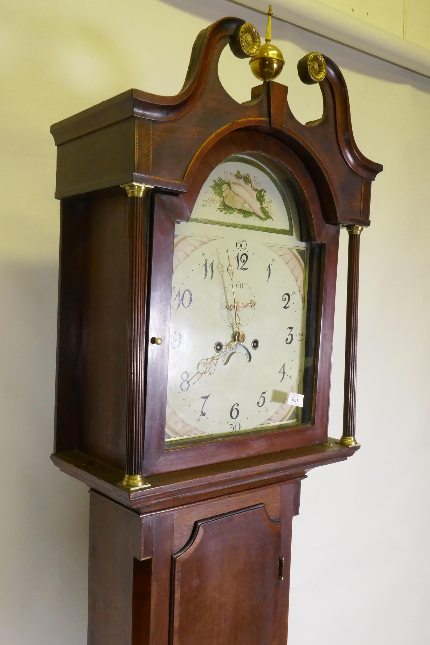 C19th oak long case clock, the case with banded veneer, and inlaid shell decoration, the painted - Image 5 of 11