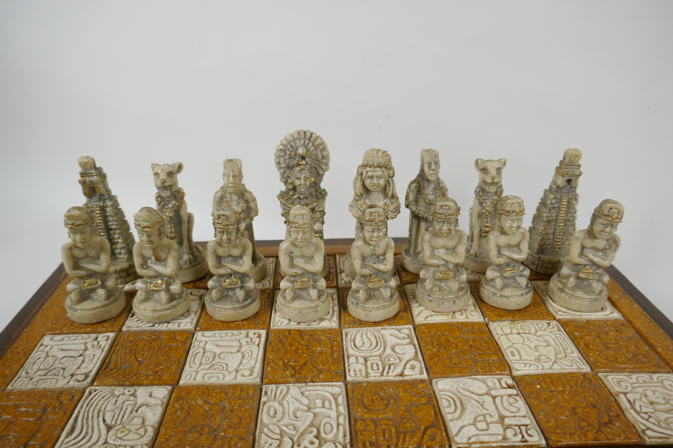 A composition chess set in the form of Myan deities, complete, 40 x 40cm - Image 2 of 5