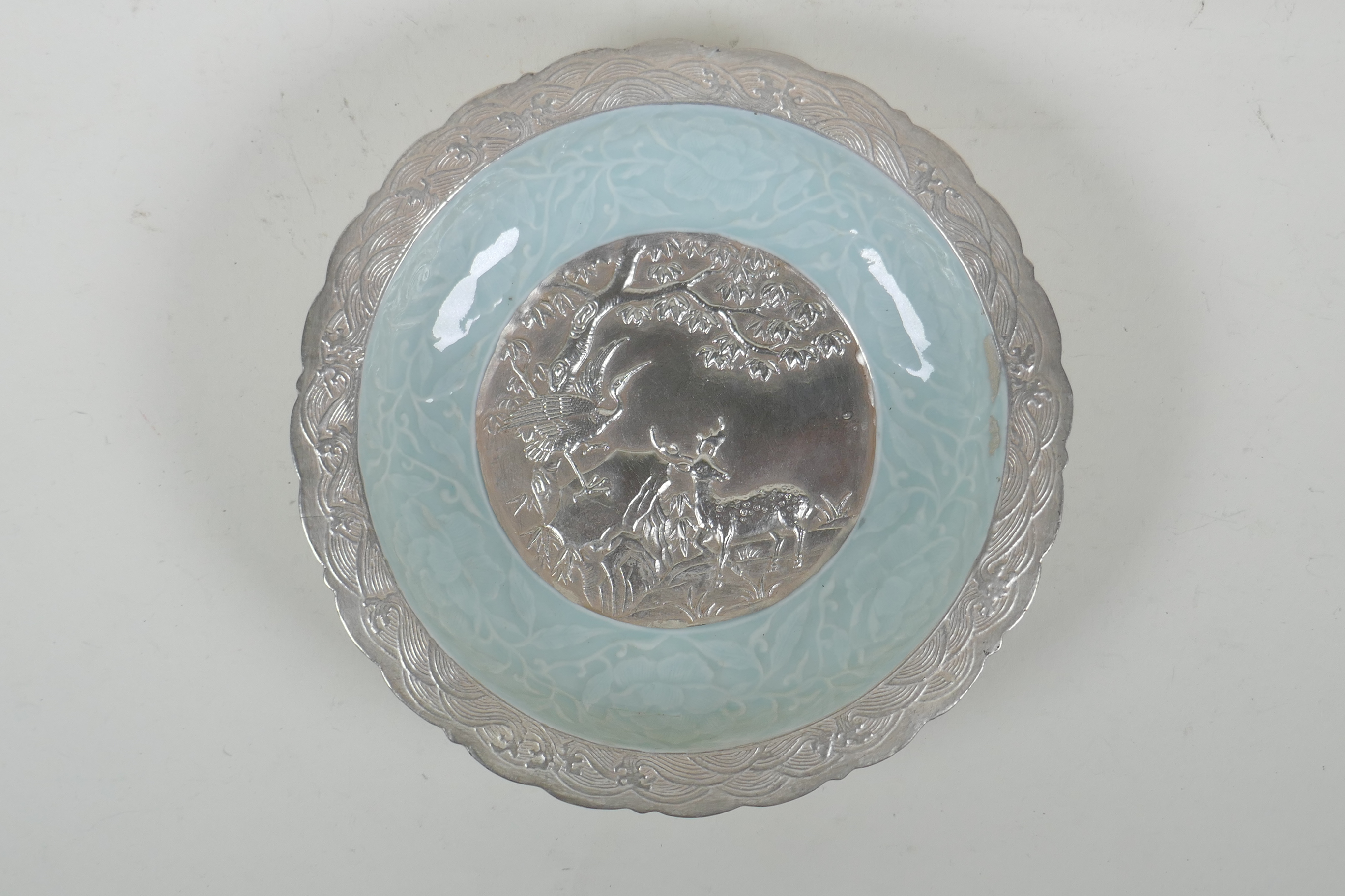 A Chinese celadon ground porcelain dish with lobed rim, and silver glazed details, decorated with - Image 2 of 6