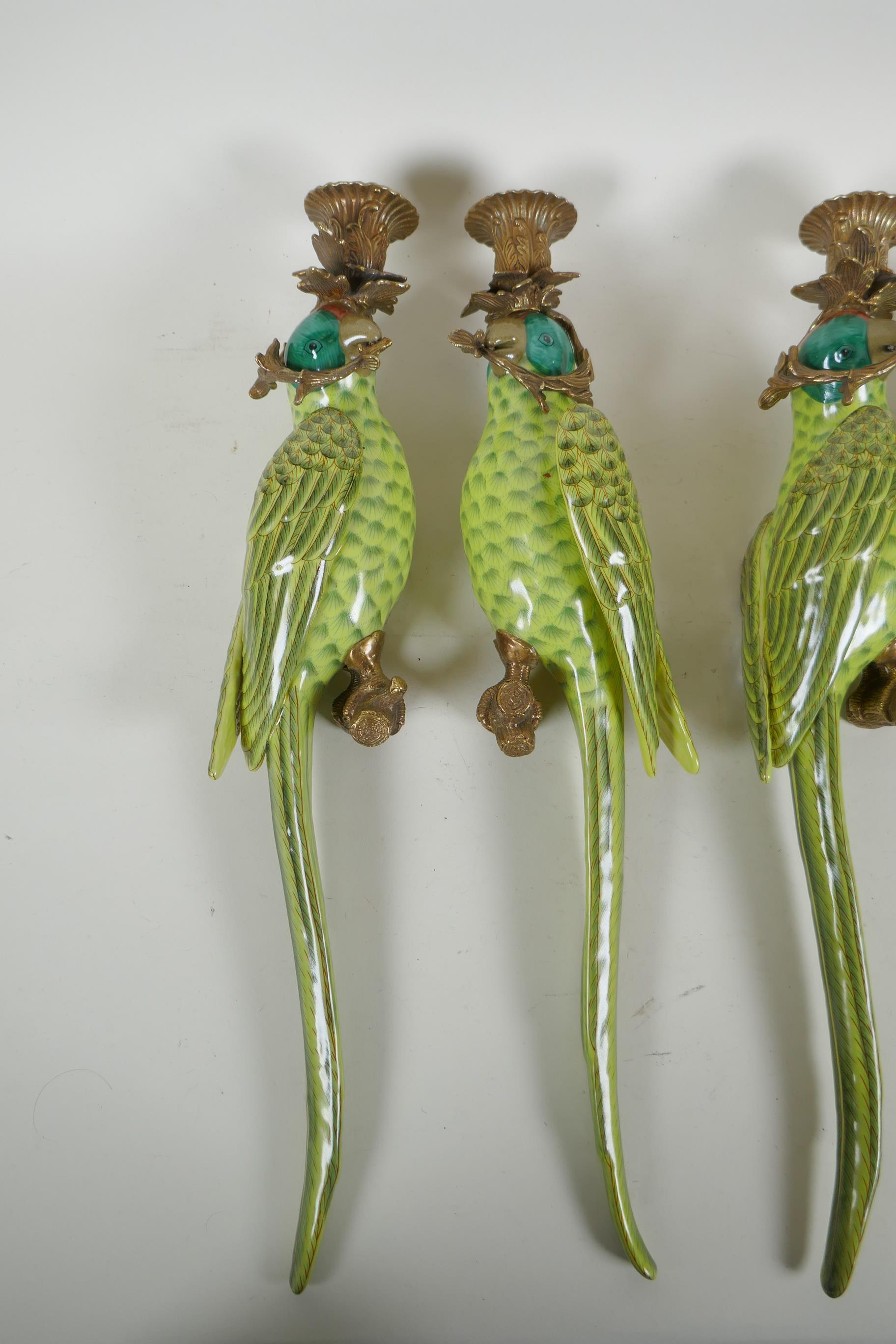 Two pairs of polychrome porcelain and gilt metal parrot wall sconces, 47cm high, 1AF - Image 2 of 6