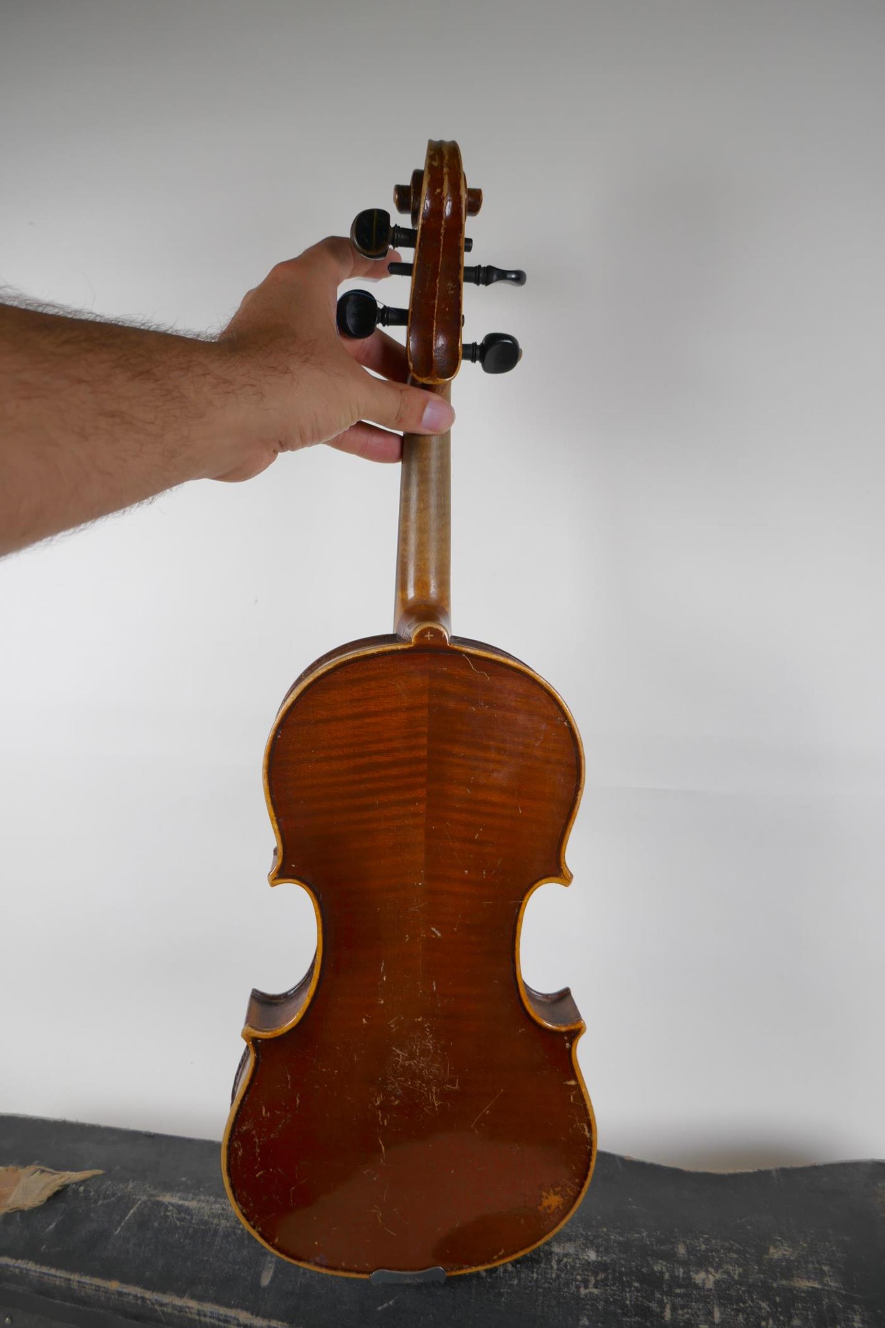 A violin and bow, the neck of the violin stamped RMB 1206, in a carry case, violin 59cm long - Image 5 of 7