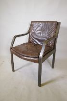 A laminated open elbow chair with brown leather seat pad and back