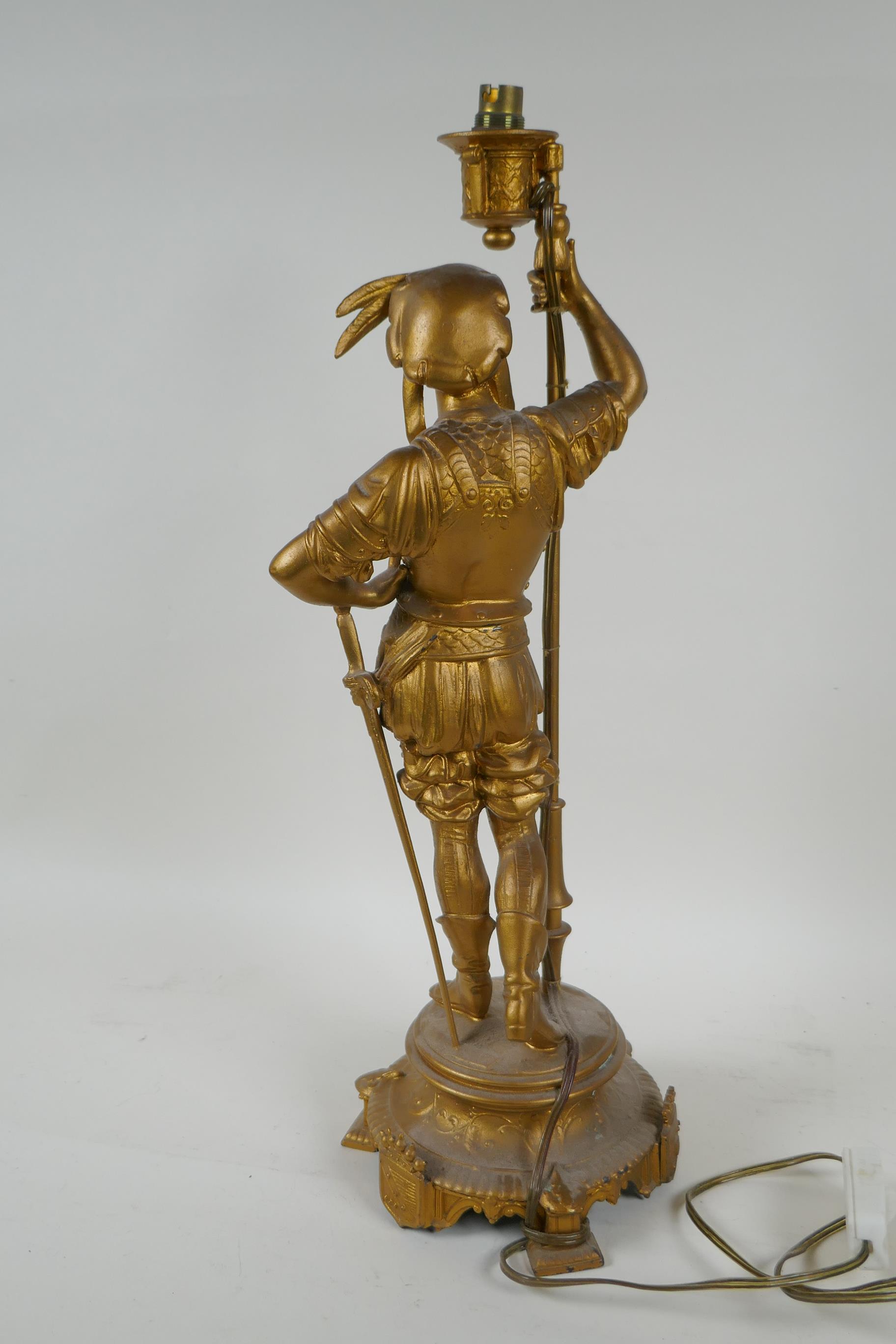 A gilt metal table lamp in the form of a cavalier, 44cm high - Image 3 of 3