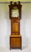 C19th oak and mahogany North Country long case clock, the painted dial with Roman numerals and