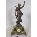 A French alabaster mantel clock with bronzed spelter figure, 'Madulate', after Moreau, the