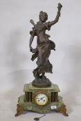 A French alabaster mantel clock with bronzed spelter figure, 'Madulate', after Moreau, the