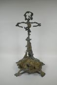 An antique French brass stick stand with game hunting decoration, 56cm high