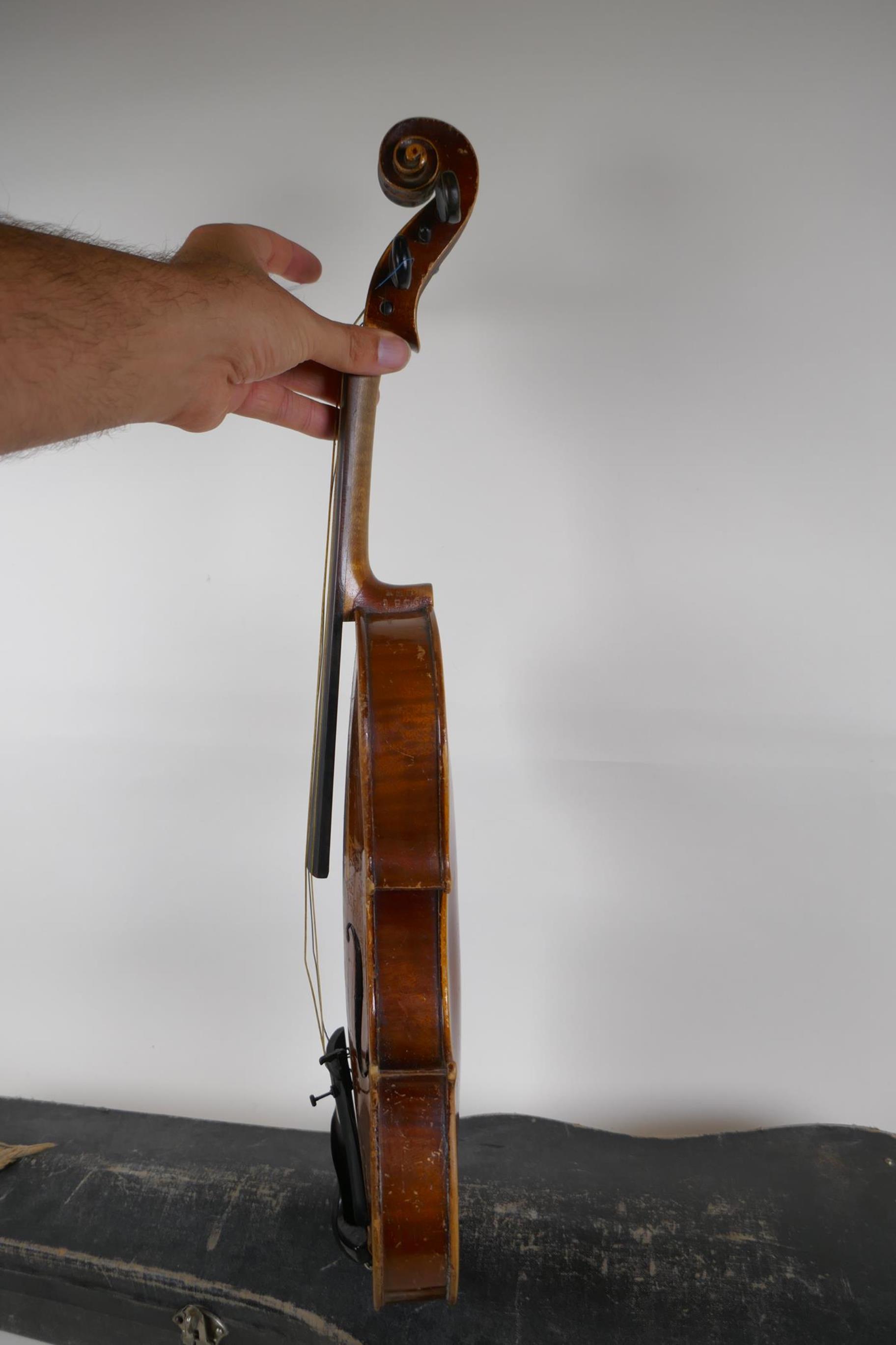 A violin and bow, the neck of the violin stamped RMB 1206, in a carry case, violin 59cm long - Image 4 of 7