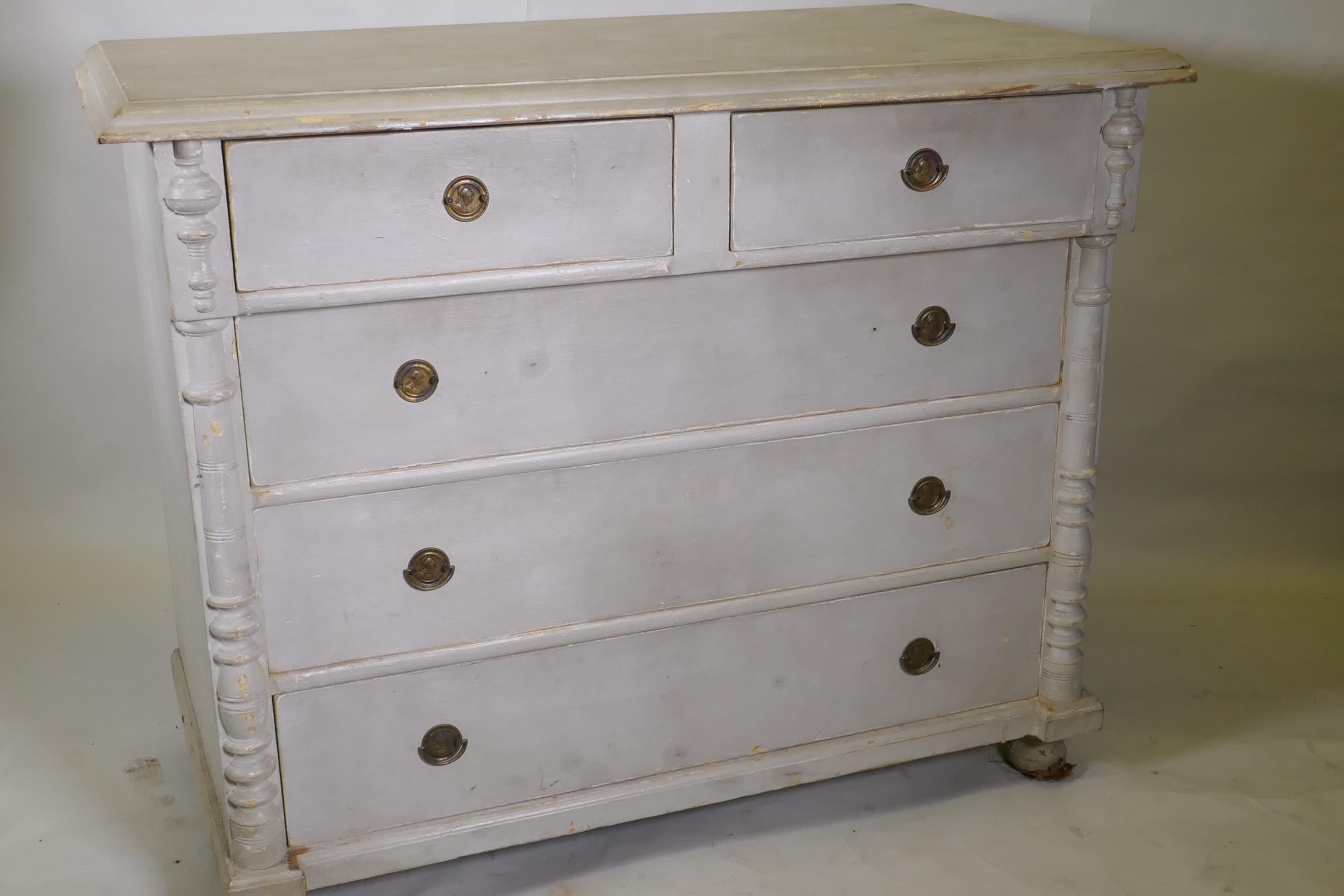 A C19th continental pine commode of two over three drawers flanked by column mouldings, raised on - Image 3 of 3