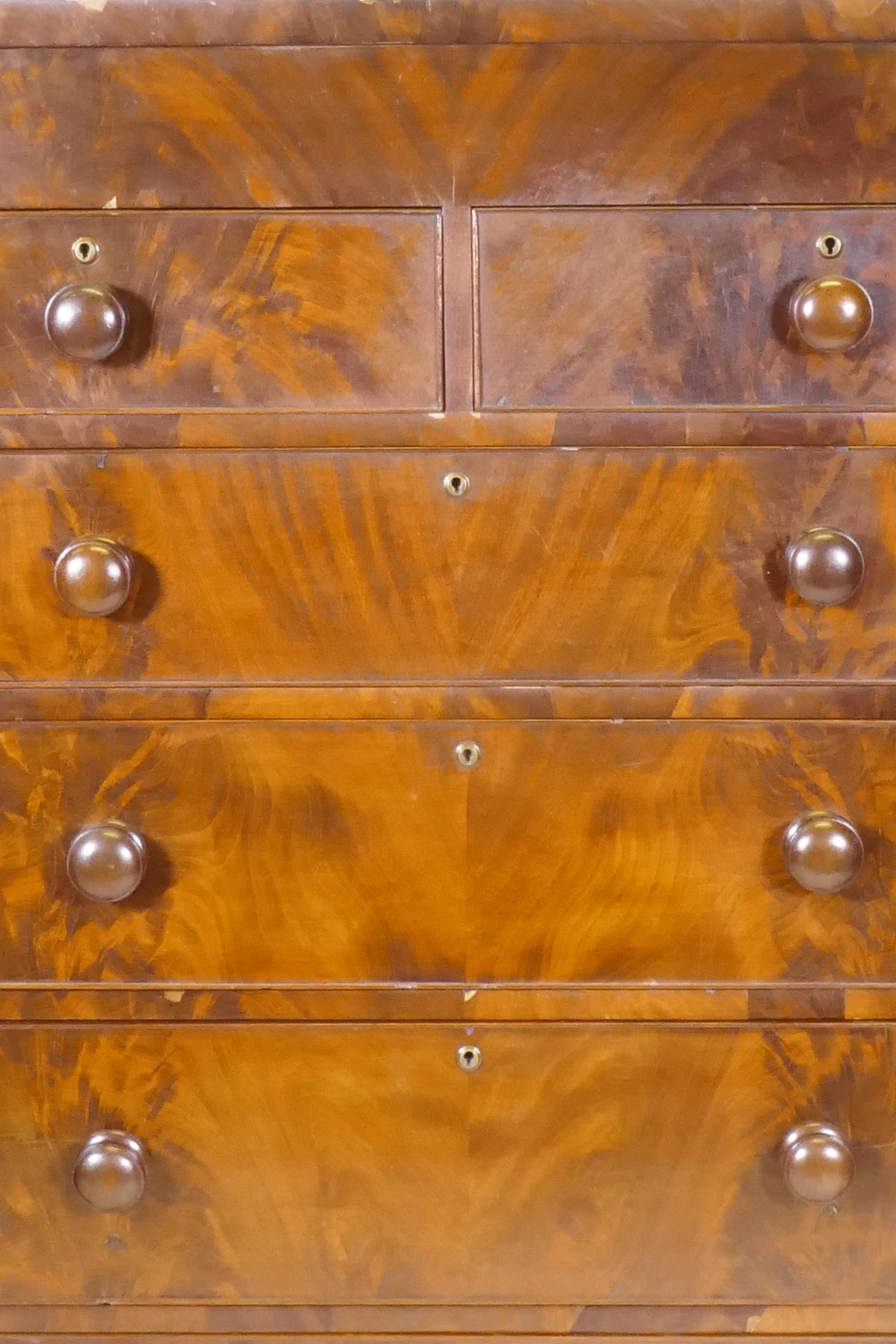 A Victorian flame mahogany Scotch chest of two over four drawers, with cock beaded detail and - Image 2 of 4